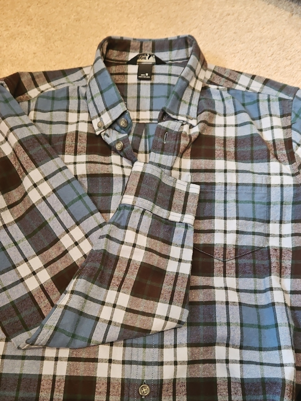 Eddie Bauer Men's Blue and Brown Plaid Button-Down Shirt